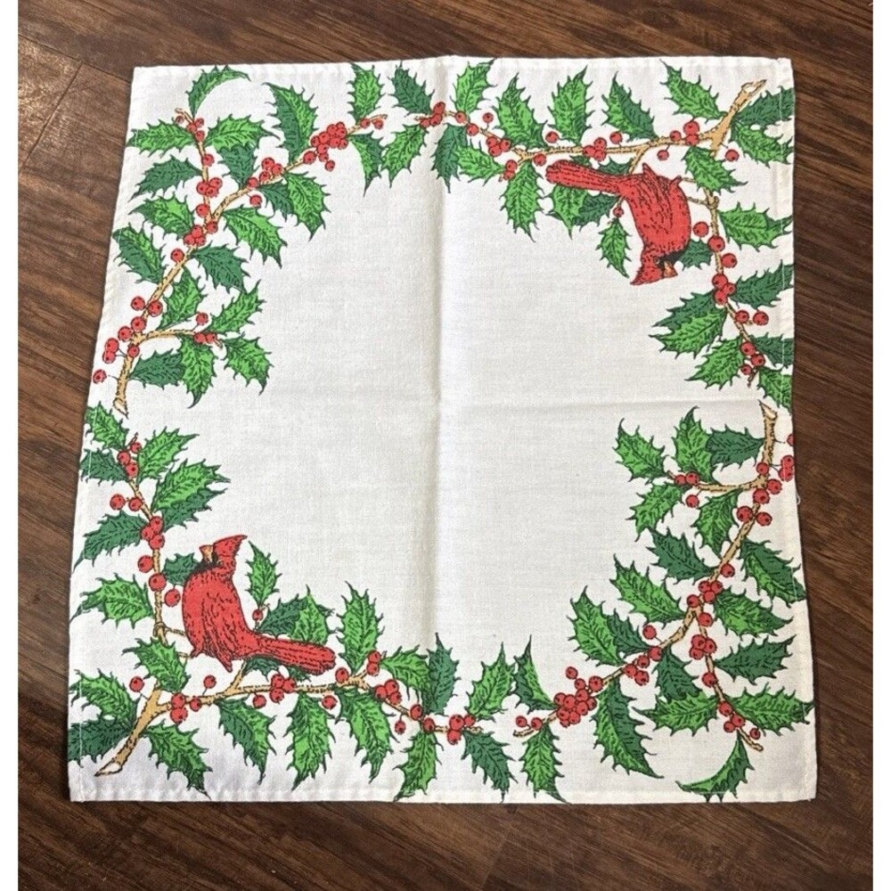 8 Christmas Napkins White Red Cardinal Green Holly 15.5”x14.5” Winter Scene Vtg